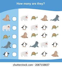 Counting math game for Children. Preschool counting animals worksheet. Educational printable math worksheet. Mathematic color worksheet. Counting similar images. Vector illustration.