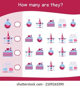 Juego de cuentas para niños. Hoja de cálculo de valor de recuento preescolar. Hoja de cálculo de matemáticas imprimibles educacionales. Hoja de cálculo de color matemática. Contando imágenes similares. Ilustración vectorial.