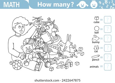 Counting math game for kids. Boy with Pile of Toys. Educational math puzzle. Coloring page. Count how many  hidden objects are in the picture and write the result. Sketch vector illustration
