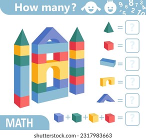 Counting math game for kids. A castle of geometric shapes. Educational math puzzle. Count how many geometric figures are in the picture and write the result. Sketch vector illustration