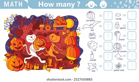 Contar juego de matemáticas para niños. Encuentra y cuenta objetos ocultos en la imagen. Noche de Halloween con gatos, calabazas, fantasmas. Jack-O'-Lantern celebración de Halloween. Objetos ocultos de rompecabezas. Vector de esbozo