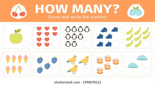 Counting math kids game. Mathematical numbers counting game for kids, children math game worksheets vector illustration set. Educational math cards. Education game to preschool mathematics