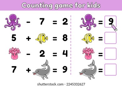 Counting mathematical game for preschool and school children. Educational printable math worksheet. Addition and subtraction. Vector illustration of cartoon cute ocean animals.