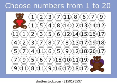 Counting maze for kids. A fun game, a mathematical puzzle with the selection of numbers from 1 to 20 in the correct order