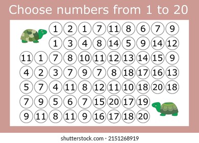 Counting maze for kids. A fun game, a mathematical puzzle with the selection of numbers from 1 to 20 in the correct order