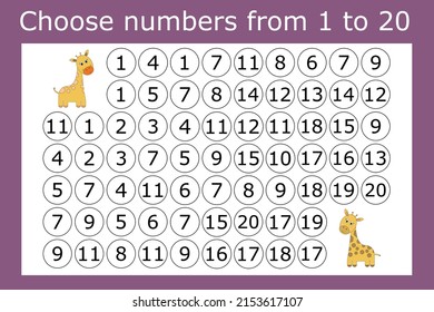 Counting maze for kids. A fun game, a mathematical puzzle with the selection of numbers from 1 to 20 in the correct order
