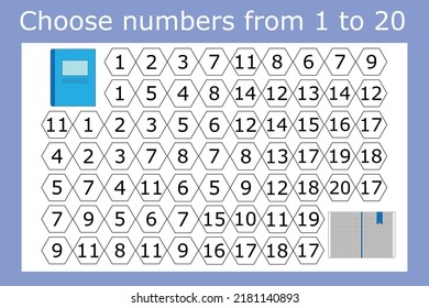 Counting maze for kids. A fun game, a mathematical puzzle with the selection of numbers from 1 to 20 in the correct order
