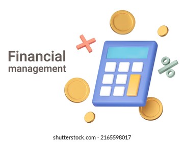 Counting money. Financial management. Counting the budget, cash savings, taxes. Calculator and coins, percentages. Isolated 3d object on a transparent background