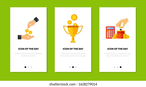 Counting money flat vector icon set. Cup, prize, coin, hand, calculator isolated sign pack. Money and finance concept. Vector illustration symbol elements for web design and apps.