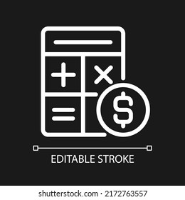 Counting money pixel perfect white linear icon for dark theme. Financial accounting. Cash control. Thin line illustration. Isolated symbol for night mode. Editable stroke. Arial font used