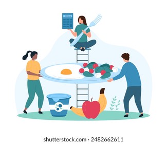 Counting and monitoring calories in breakfast food. Tiny people holding plate with fried egg and salad, monitor calories of fats, proteins and carbohydrates in calculator cartoon vector illustration