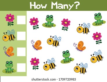 Counting nature game illustration for preschool kids in vector format. How many are there?
