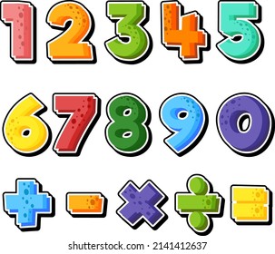 Counting number 0 to 9 and math symbols illustration