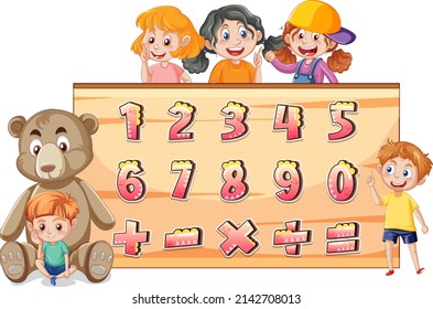 Counting number 0 to 9 and math symbols illustration