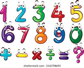 Counting number 0 to 9 and math symbols illustration