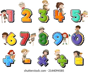 Counting number 0 to 9 and math symbols illustration