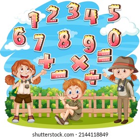 Counting number 0 to 9 and math symbols illustration