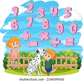 Counting number 0 to 9 and math symbols illustration