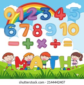 Counting number 0 to 9 and math symbols for kids illustration