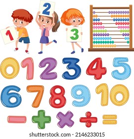 Counting number 0 to 9 and math symbols illustration