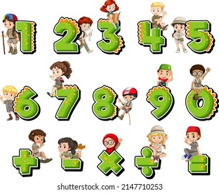 Counting number 0 to 9 and math symbols illustration