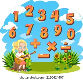 Counting number 0 to 9 and math symbols illustration