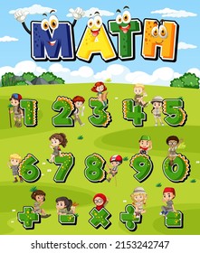 Counting number 0 to 9 and math symbols illustration