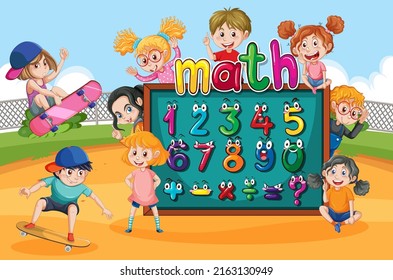 Counting number 0 to 9 and math symbols illustration
