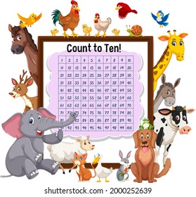 Counting number 1-100 board with wild animals illustration