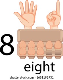 Counting number eight with hand gesture and eggs in carton illustration