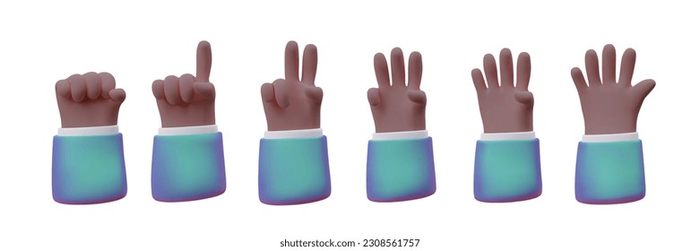 Counting, number on fingers from 0 to 5. Vector realistic images set. Dark skinned hands show signs on fingers. Isolated colored 3D illustration with shadows