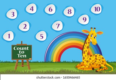 Counting number one to ten with giraffe sitting in the field illustration
