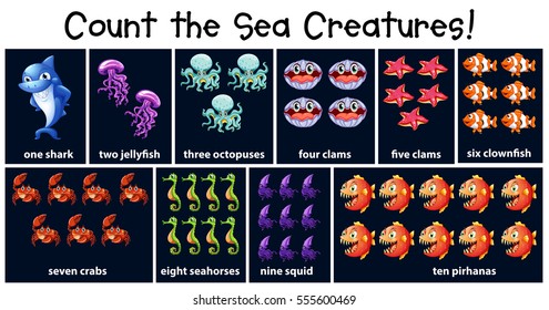 Counting number poster with sea creatures illustration