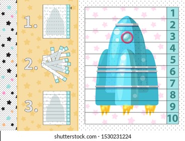 Counting number puzzle with cartoon rocket. From 1 to 10. Cut and assemble.