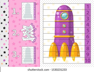 Counting number puzzle with cartoon rocket. From 1 to 10. Cut and assemble.