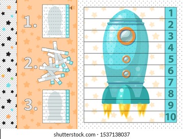 Counting number puzzle with cartoon rocket. From 1 to 10. Cut and assemble.