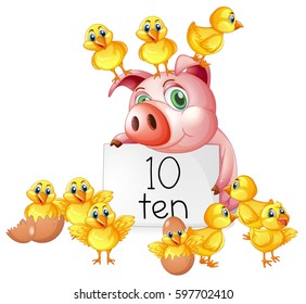 Counting number ten with pig and chicks illustration