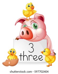 Counting number three with pig and chicks illustration