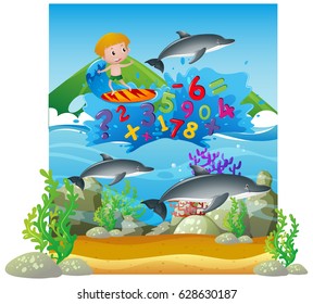Recuento de números con niño en la ilustración de surfboard