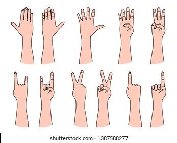 Counting numbers by line art human fingers and hand gesturing of victory and rock music