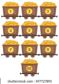 Números de recuento con oro en la ilustración de carros de minería