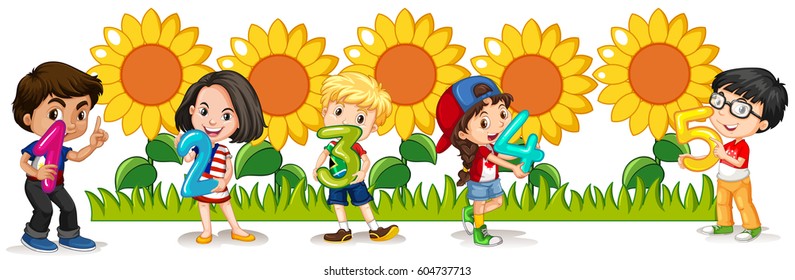 Counting numbers with happy children and sunflowers illustration