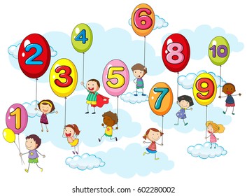 Counting numbers with kids on balloons illustration