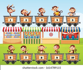 Counting numbers with monkeys in the carts illustration