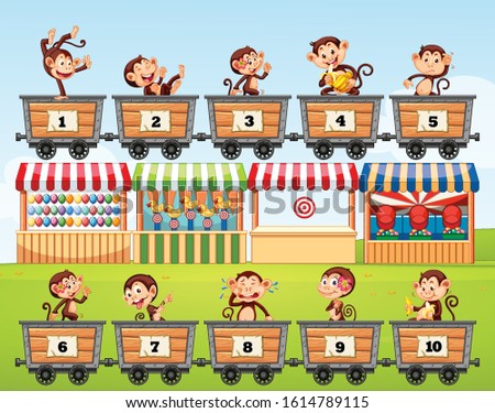 Counting numbers with monkeys in the carts illustration