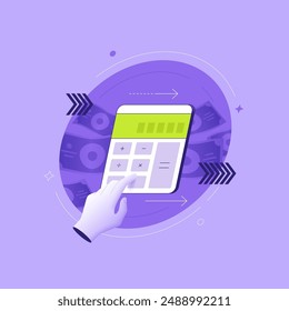 Counting on calculator incomes and expenses on purple background. Money flow 3D linear illustration concept. Controlling financial operations in business abstract flat vector graphic