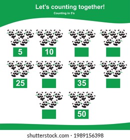Counting pandas game for Preschool Children. This worksheet is suitable for educating early age children to count multiples of two. Educational printable math worksheet. Additional worksheet