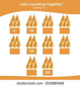 Counting papaya for children. Fruit Counting Math Worksheet. Counting in 5s. Math Worksheet for Preschool. Educational printable math worksheet. Preschool Education. Vector illustration.