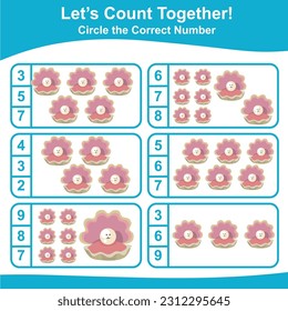 Let’s counting the pearl oysters together and circle the correct number on the page. Educational printable math worksheet. Math game for children with cute sea animals character. Vector file.