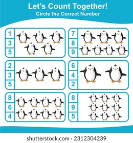 Let’s counting the penguins together and circle the correct number on the page. Educational printable math worksheet. Math game for children with cute sea animals character. Vector illustration file.